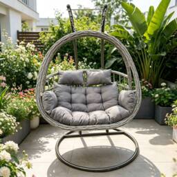 Fimous Rattan Garden 2 Person Hanging Egg Chair Outdoor Furniture & Cushion in Dark Grey - thumbnail 5