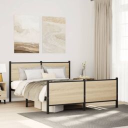 Berkfield Home Metal Bed Frame without Mattress Sonoma Oak 137x190 cm in Brown - thumbnail 1