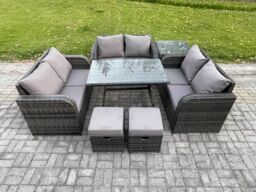 Fimous Rattan Garden Furniture Set 8 Seater Patio Outdoor Love Sofa Set with Rectangular Dining Table Side Table 2 Small Footstools in Dark Grey - thumbnail 2