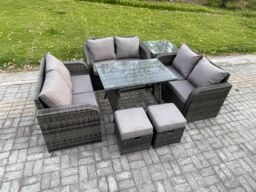 Fimous Rattan Garden Furniture Set 8 Seater Patio Outdoor Love Sofa Set with Rectangular Dining Table Side Table 2 Small Footstools in Dark Grey - thumbnail 1