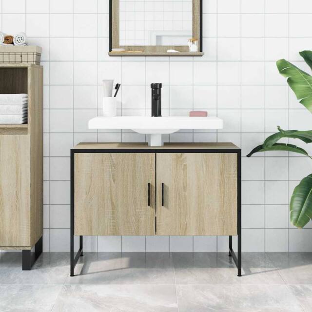 Berkfield Home Sturdy Bathroom Sink Cabinet Sonoma Oak 80x33x60 cm Engineered Wood in Light Tan - Size: 80 x 33 x 60 cm - image 1