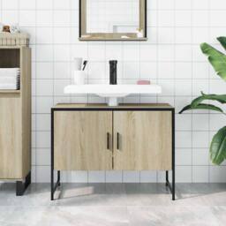 Berkfield Home Sturdy Bathroom Sink Cabinet Sonoma Oak 80x33x60 cm Engineered Wood in Light Tan - Size: 80 x 33 x 60 cm - thumbnail 1