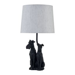 First Choice Lighting Friends - Two Dog Table Lamp With Oatmeal Linen Shade in Black