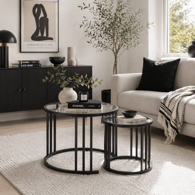 Wyld Haus Kane Set of 2 Back Metal & Glass Round Nesting Tables Steel Frame in Black - image 1