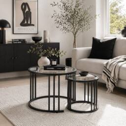 Wyld Haus Kane Set of 2 Back Metal & Glass Round Nesting Tables Steel Frame in Black