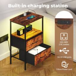 Levede Bedside Table RGB LED USB Ports Bedroom 2 Storage Drawers End Table in Brown - thumbnail 3