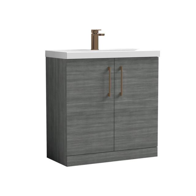 Balterley Bathroom Floor 2-Door Vanity Unit Basin, Anthracite Woodgrain, 800mm in Grey