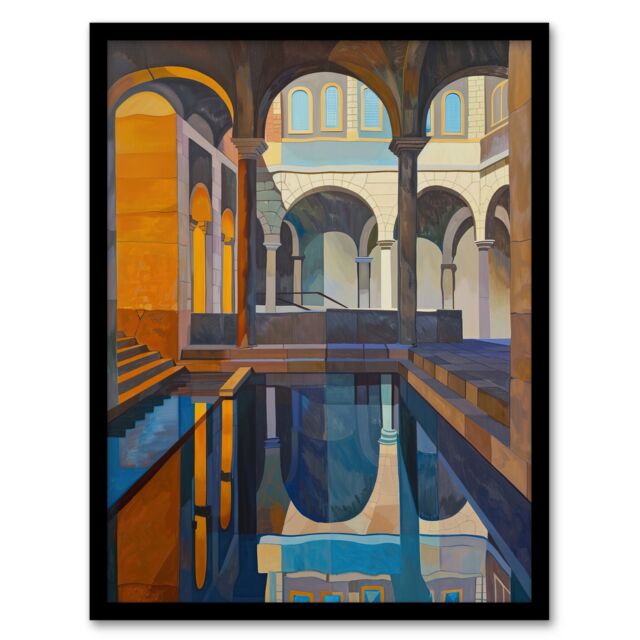 "Artery8 Roman Bath Architecture Water Reflection Painting Framed Art Print - Size: W12"" x H16""" - image 1
