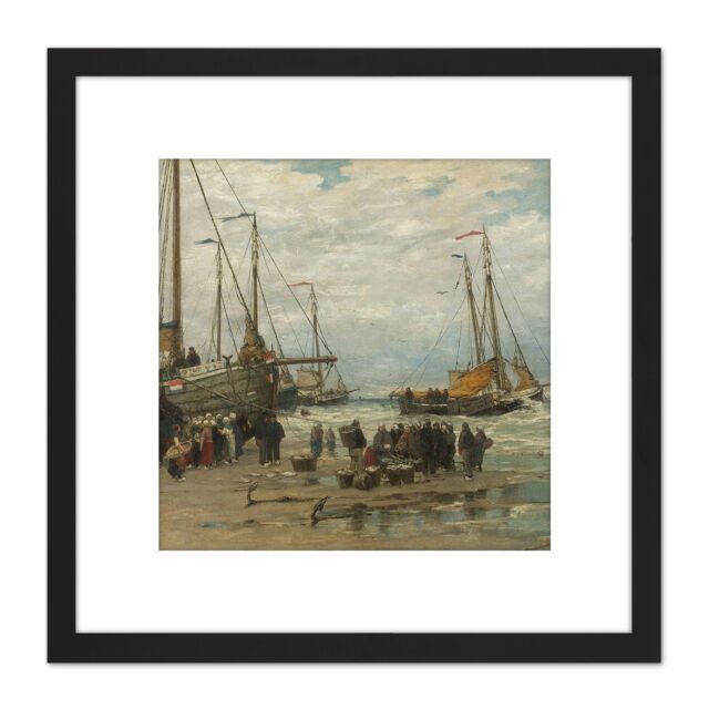 Artery8 Mesdag Fishing Pinks In Breaking Waves Painting 8X8 Inch Square Wooden Framed Wall Art Print Picture with Mount in Black - image 1