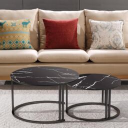 KOSY KOALA Round Coffee Table Set of 2 Nest of Tables Marble Glass Coffee Table Living Room in Black - thumbnail 2