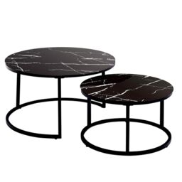 KOSY KOALA Round Coffee Table Set of 2 Nest of Tables Marble Glass Coffee Table Living Room in Black