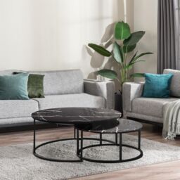 KOSY KOALA Round Coffee Table Set of 2 Nest of Tables Marble Glass Coffee Table Living Room in Black - thumbnail 3