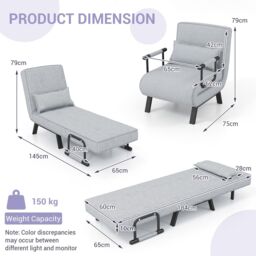 Costway Convertible Single Folding Sofa Bed Sleep Chair with 6 Positions Adjustable Backrest Light Grey - thumbnail 2