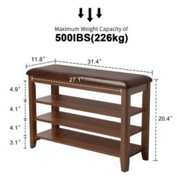 YQJJGL Stylish 3-Tier Solid Wood Shoe Bench With Cushioned Seat Walnut 60cm - Size: 60 cm - thumbnail 4