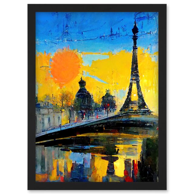 Artery8 Modern Bright Abstract Paris At Sunrise Cityscape Eiffel Tower Artwork Framed Wall Art Print A4 in Black - image 1