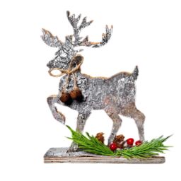 Shatchi 20cm Reindeer Shape Birch Bark Wooden Christmas Table Top Decoration in Silver - thumbnail 1