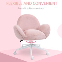 HOMCOM Fluffy Leisure Chair Office Chair with Backrest Armrest Wheels in Pink - thumbnail 6