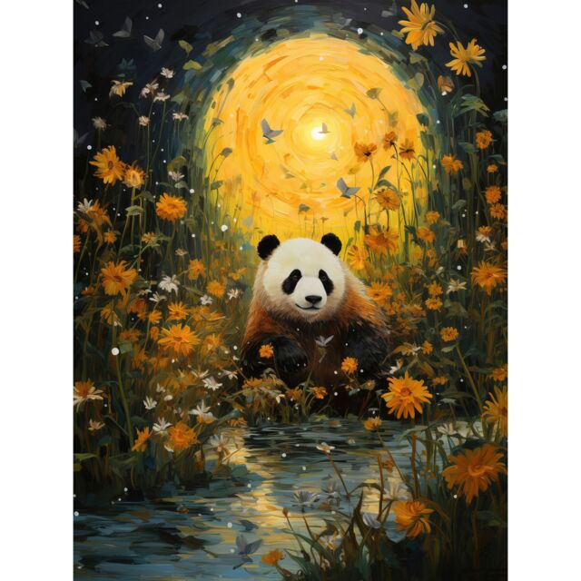 Artery8 Wall Art Print Harvest Moon Panda Landscape Oil Painting Panda Bear in a Wildflower Meadow with Flowing Stream Kids Bedroom Poster - image 1