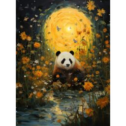 Artery8 Wall Art Print Harvest Moon Panda Landscape Oil Painting Panda Bear in a Wildflower Meadow with Flowing Stream Kids Bedroom Poster - thumbnail 1