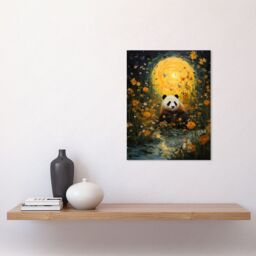 Artery8 Wall Art Print Harvest Moon Panda Landscape Oil Painting Panda Bear in a Wildflower Meadow with Flowing Stream Kids Bedroom Poster - thumbnail 2