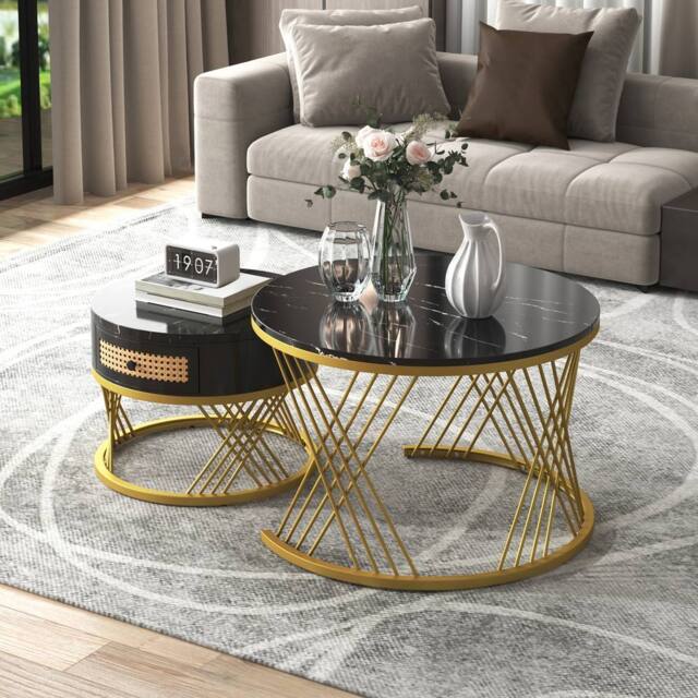 ModernLuxe 2-in-1 round coffee table with marble top & rattan drawers in Black - image 1