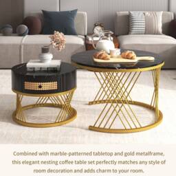 ModernLuxe 2-in-1 round coffee table with marble top & rattan drawers in Black - thumbnail 8