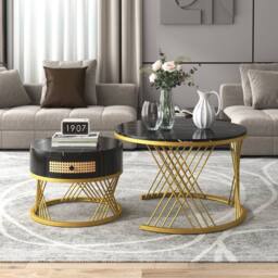 ModernLuxe 2-in-1 round coffee table with marble top & rattan drawers in Black - thumbnail 2