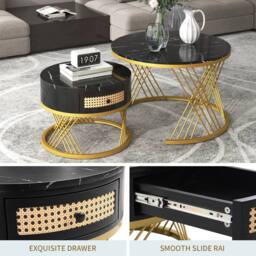 ModernLuxe 2-in-1 round coffee table with marble top & rattan drawers in Black - thumbnail 4