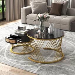 ModernLuxe 2-in-1 round coffee table with marble top & rattan drawers in Black - thumbnail 3