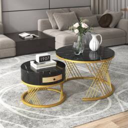 ModernLuxe 2-in-1 round coffee table with marble top & rattan drawers in Black - thumbnail 9