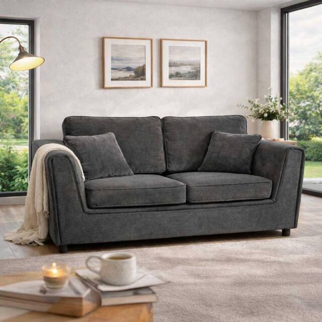 Furnishings For Less UK Ascot Large 3 Seater Sofa Chenille Fabric Charcoal Couch - image 1