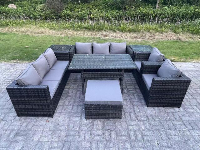 Fimous 9 Seater Outdoor Wicker Garden Furniture Rattan Lounge Sofa Set Dining Table 2 Armchair 2 Side Table Stool in Dark Grey - image 1