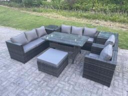 Fimous 9 Seater Outdoor Wicker Garden Furniture Rattan Lounge Sofa Set Dining Table 2 Armchair 2 Side Table Stool in Dark Grey - thumbnail 2