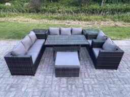 Fimous 9 Seater Outdoor Wicker Garden Furniture Rattan Lounge Sofa Set Dining Table 2 Armchair 2 Side Table Stool in Dark Grey - thumbnail 1