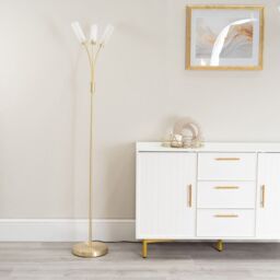 ValueLights Maya 3 Way Curved Arm Reed Shaded Upright Floor Lamp in Gold - thumbnail 5