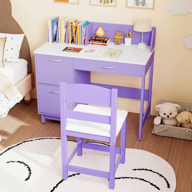 Costway Kid's Study Desk & Chair Set Wooden Activity Table w/ Wide Desktop in Purple - image 1