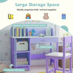 Costway Kid's Study Desk & Chair Set Wooden Activity Table w/ Wide Desktop in Purple - thumbnail 5