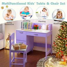 Costway Kid's Study Desk & Chair Set Wooden Activity Table w/ Wide Desktop in Purple - thumbnail 7