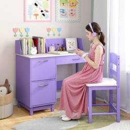Costway Kid's Study Desk & Chair Set Wooden Activity Table w/ Wide Desktop in Purple - thumbnail 4