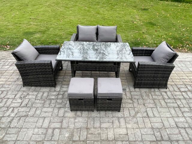 Fimous 6 Seater Outdoor Garden Furniture Set Patio Furniture Rattan Rectangular Dining Table Lounge Sofa in Dark Grey