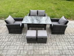 Fimous 6 Seater Outdoor Garden Furniture Set Patio Furniture Rattan Rectangular Dining Table Lounge Sofa in Dark Grey - thumbnail 1