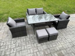 Fimous 6 Seater Outdoor Garden Furniture Set Patio Furniture Rattan Rectangular Dining Table Lounge Sofa in Dark Grey - thumbnail 2