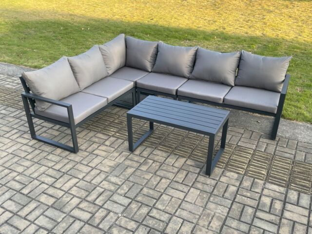 Fimous Aluminium Garden Furniture Set Outdoor Indoor Lounge Corner Sofa Oblong Coffee Table Sets Dark Grey 6 Seater