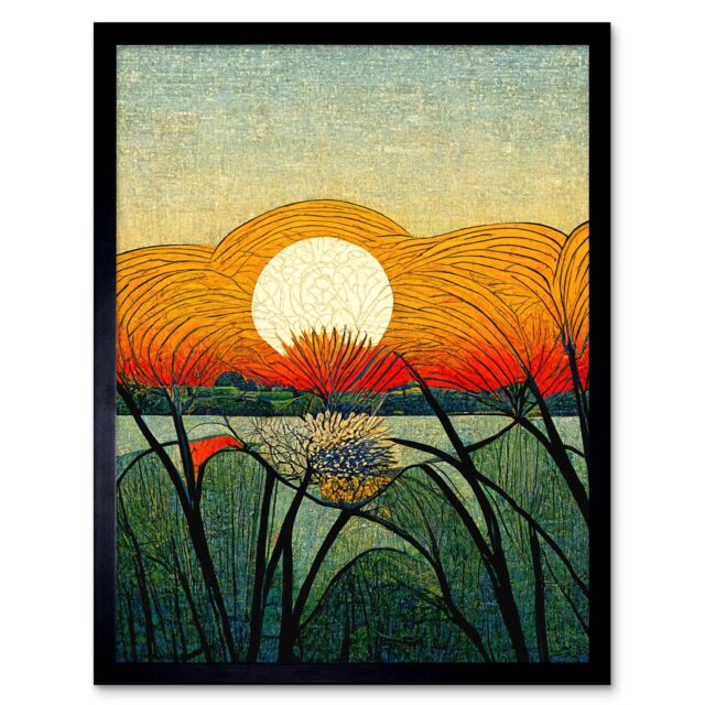 "Artery8 Wall Art Print Vibrant Sunset Flower Meadow W Morris Style Art Framed in Black - Size: W12"" x H16""" - image 1