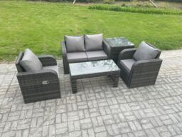 Fimous Rattan Lounge Sofa Set Outdoor Garden Furniture Set with Rectangular Coffee Table Love Sofa Side Table Dark Grey Mixed - thumbnail 2