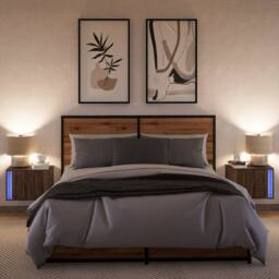 Berkfield Home Durable Wall-mounted Bedside Cabinets with LED Lights 2 pcs Brown Oak - thumbnail 5