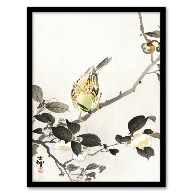 Artery8 Ohara Koson Framed Wall Art Print Bunting On Blossom Branch in Grey - Size: A4 - image 1