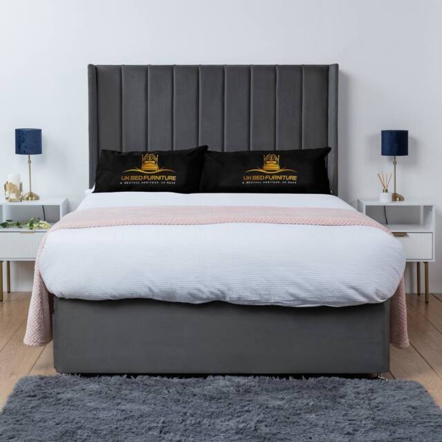 UK Bed Furniture Bella Wingback Divan Bed Base with 54 Inch Headboard - No Storage in Charcoal - Size: King - image 1