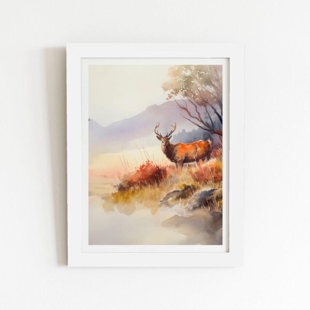 "Warren Reed - Designer Stag Deer Water Colour Framed Art Print in White - Size: W16"" x H24""" - image 1
