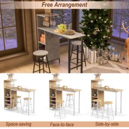 Costway 3PCS Bar Table Chair Set Industrial Dining Table Stools w/ Glass Holders & Wine Racks in Brown - thumbnail 6